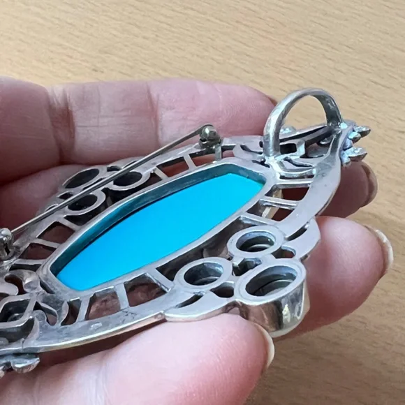 HUGE VINTAGE TURQUOISE AMETHYST GARNET MOONSTONE PENDANT PIN BROOCH 925STERLING
